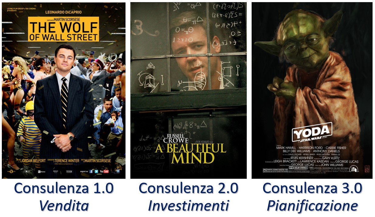 consulenza 1.0 = Wolf of wall street = vendita consulenza 2.0 = A beautiful mind = investimenti consulenza 3.0 = Yoda = pianificazione